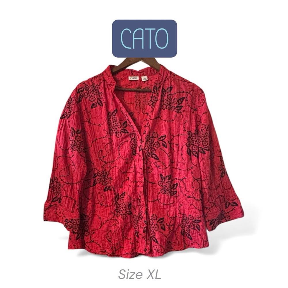 Cato Red and Black Floral Blouse Long Sleeve Size XL